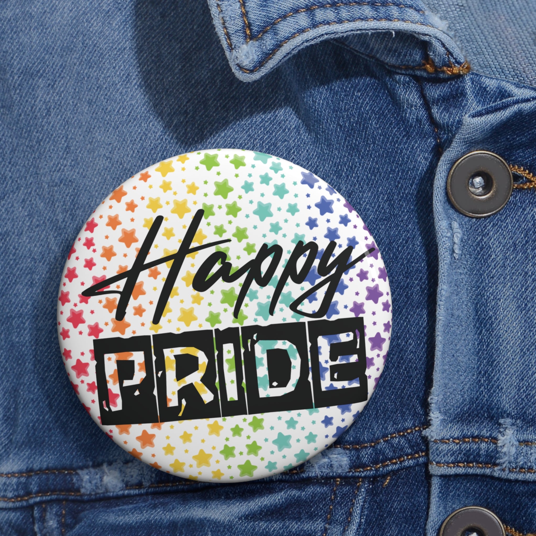Pride Pin Button — “Happy Pride” Rainbow Starlapel Pin