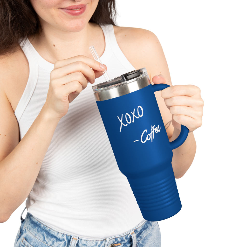 40oz Insulated Travel Mug — Black "XOXO Coffee" Tumbler with Straw & Handle - White Lettering