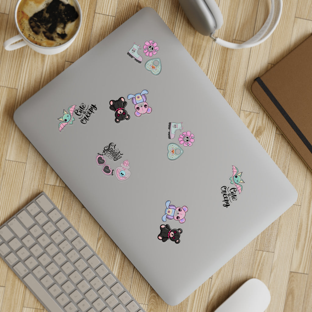 10 Sticker sheets: Cute & Creepy Sticker Sheet Bundle — 10pcs Spooky Stickers (bats, bears, hearts)