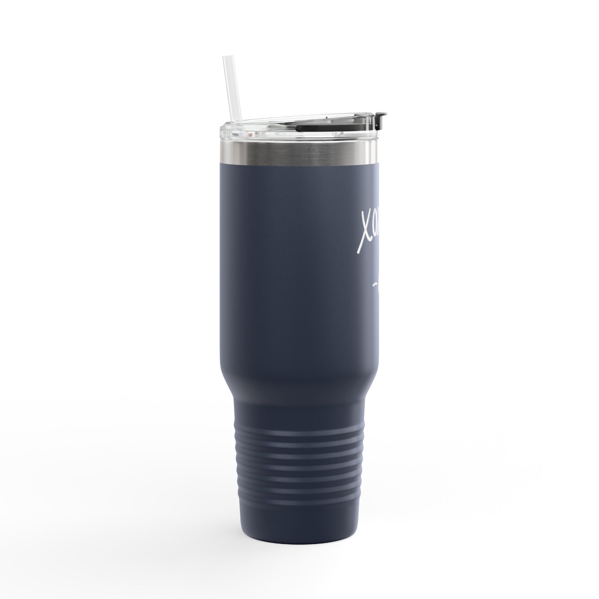 40oz Insulated Travel Mug — Black "XOXO Coffee" Tumbler with Straw & Handle - White Lettering