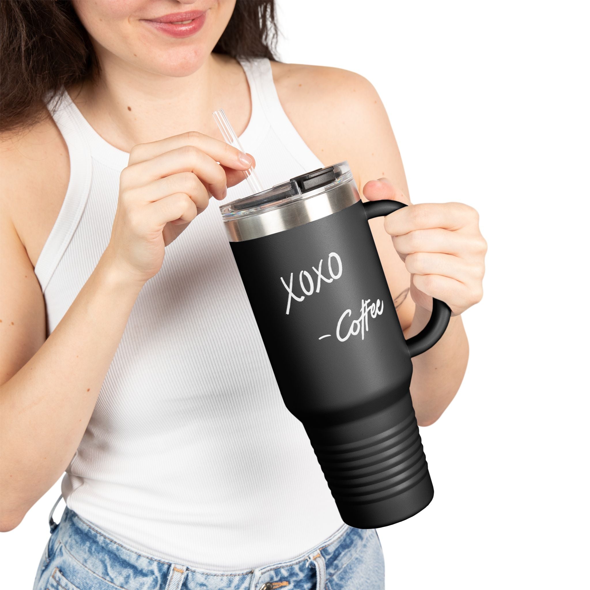 40oz Insulated Travel Mug — Black "XOXO Coffee" Tumbler with Straw & Handle - White Lettering