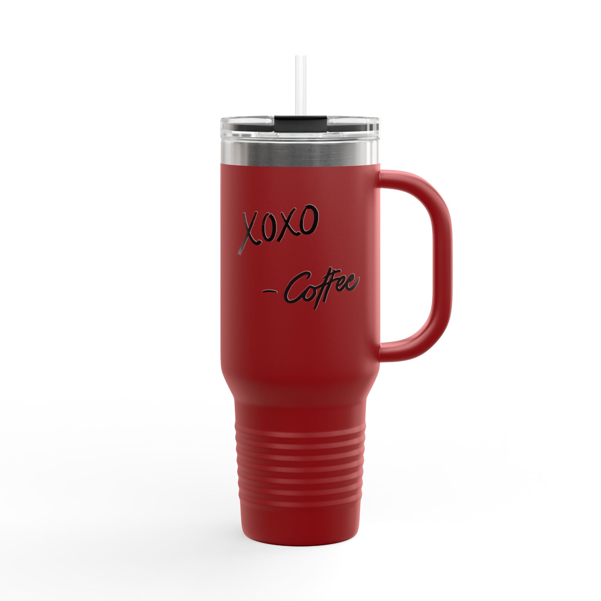 40oz Insulated Travel Mug – "XOXO – Coffee" White Stainless Tumbler with Straw & Handle