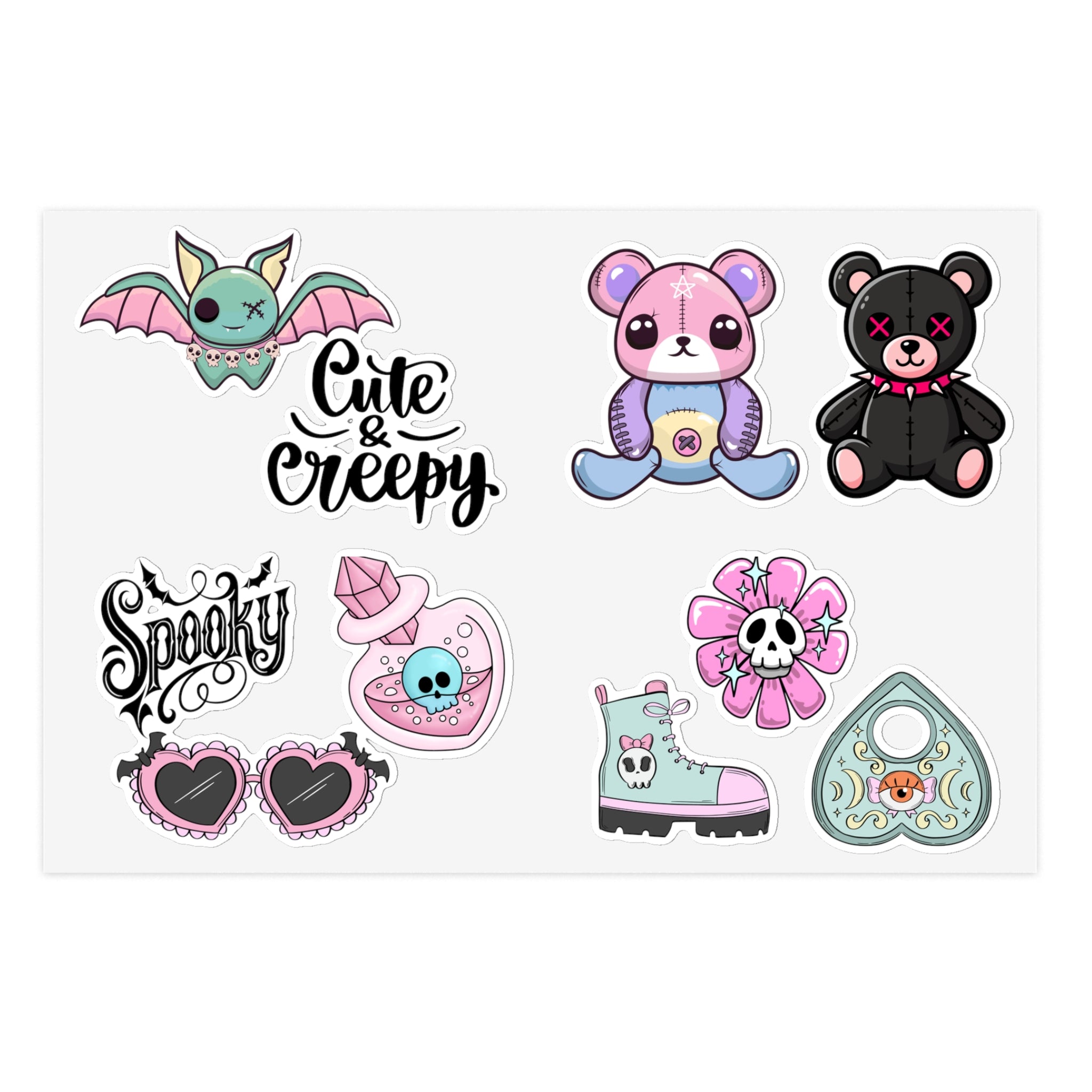 10 Sticker sheets: Cute & Creepy Sticker Sheet Bundle — 10pcs Spooky Stickers (bats, bears, hearts)