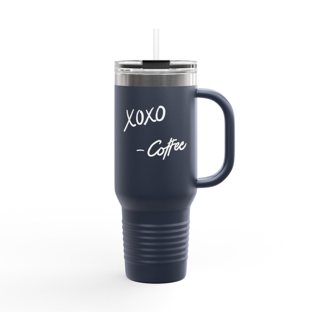 40oz Insulated Travel Mug — Black "XOXO Coffee" Tumbler with Straw & Handle - White Lettering