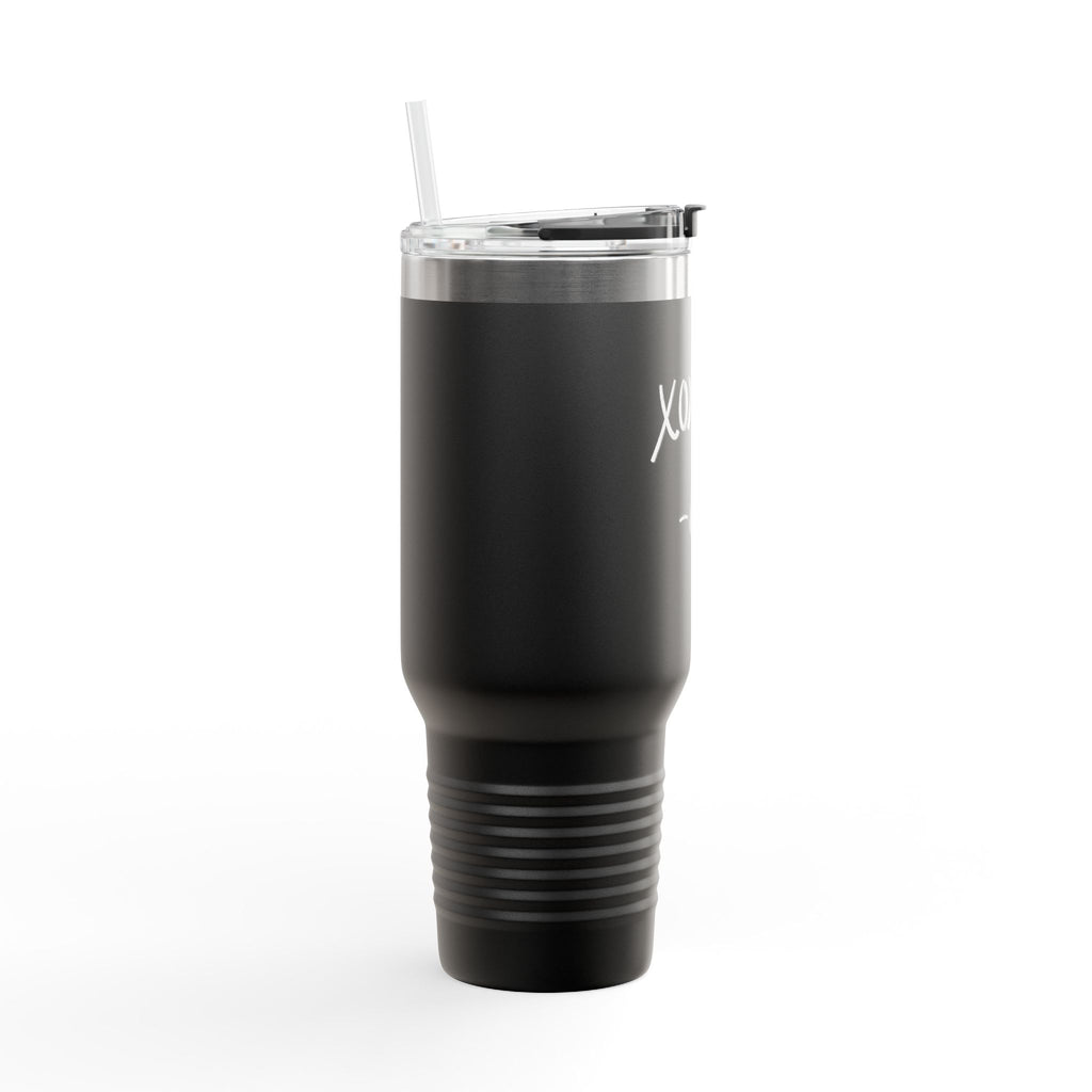 40oz Insulated Travel Mug — Black "XOXO Coffee" Tumbler with Straw & Handle - White Lettering