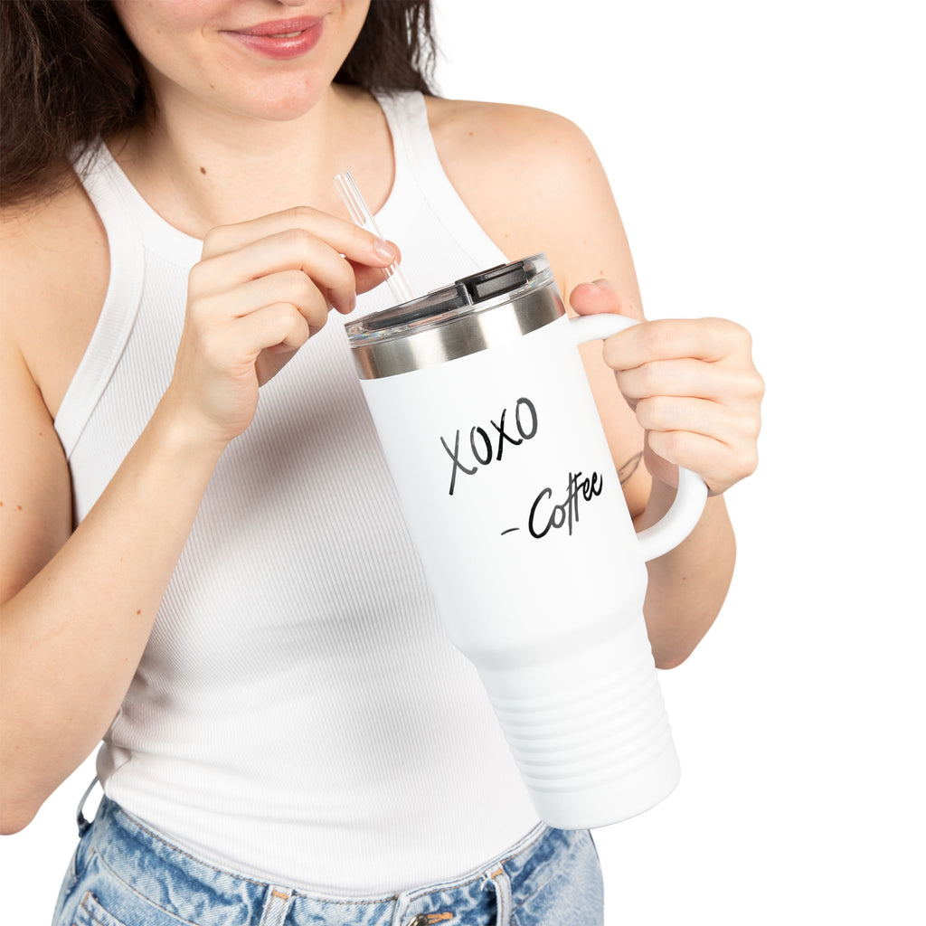 40oz Insulated Travel Mug – "XOXO – Coffee" White Stainless Tumbler with Straw & Handle